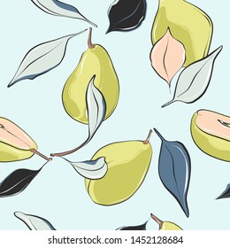 Pear blossom nursery pattern. Hand-drawn fruit design in pastel colors. Summer vintage  fashion. Cute pink green tasty graphic. Modern sprint textile.