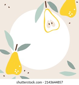 Pear border. Fruits with leaf hand drawn sketch isolated. Frame with Whole fruit and cut half. Silhouette vector illustration. Natural food template for menu, juice label, card design with copy space.