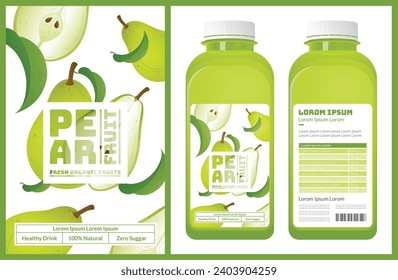 PEAR. bottle. packaging of fresh and juicy fruits with juice bottle. Fresh organic product. Text with vector illustration realistic fruits on abase. Template for your product.