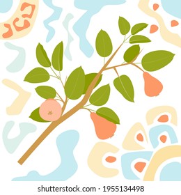 Pear branch with fruits and leaves on a square background. flat minimalist design of pedigree and abstract shapes. the poster. vector