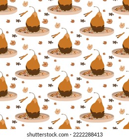 Pear in caramel and chocolate dessert seamless pattern