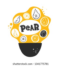 Pear card. Whole, half, sliced, bitten fruits. Ink hand drawn vector illustration for cafe, menu, shop, bar, restaurant, poster, sticker, logo, detox diet concept, farmers market