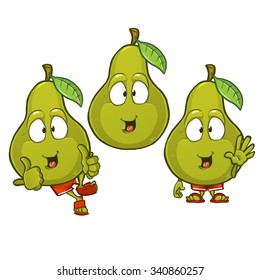 Pear cartoon character set with different emotions and poses isolated on white background