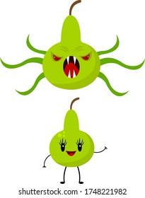pear cartoon character with smile and scary monster objects on white background plants and halloween concept