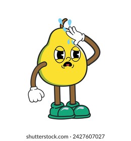 Pear cartoon character tired, dehydration, thirsty expression. Pear fruit groovy retro cartoon characters for label, print, poster, icon, mascot, logo.