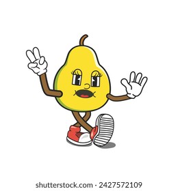 Pear cartoon character with walking and giving peace sign gesture,Happy, smiling, waving hand. Pear retro cartoon characters for icon mascot logo.