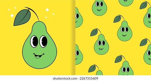 Pear cartoon comic character with seamless pattern. Doodle retro style vector illustration.