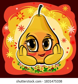 Pear cartoon. Comical face. Vector illustration. Fruit with eyes.