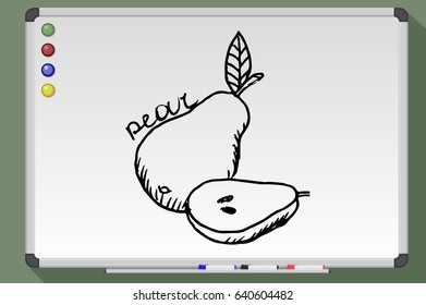 Pear cartoon. Hand drawn vector stock illustration. Black and white whiteboard drawing