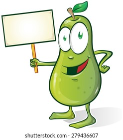 pear cartoon isolated on white background with signboard