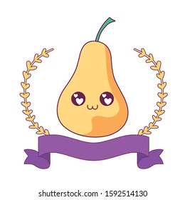 pear cartoon with leaves wreath design, Kawaii expression cute character funny and emoticon theme Vector illustration