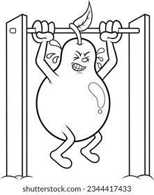 Pear cartoon performing exercises on bars, cartoon style vector drawing without color in black and white line art.