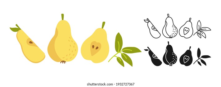 Pear cartoon set line icon  black glyph style  Summer pears icon collection flat food  Comic hand drawn design for packaging card poster label  Organic healthy peach Isolated vector illustration