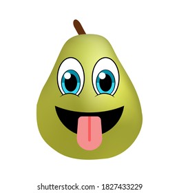 Pear cartoon smile with a tongue. Funny fruit emoticon pear