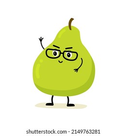 pear character. Cute and funny comic style. Flat cartoon vector illustration isolated on white background. green and ripe pear character. single image or icon.