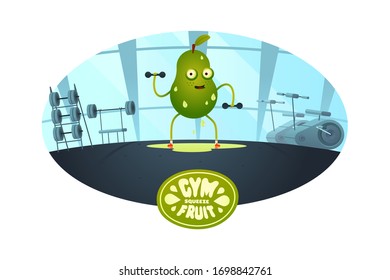 Pear character doing exercises with dumbbells in the gym squeezes out all the juices