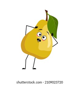 Pear character with emotions in panic grabs his head, surprised face, shocked eyes, arms and legs. Person with scared expression, fruit emoticon. Vector flat illustration