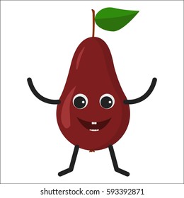Pear character. Funny doodle cartoon fruit. Isolated on white background. Flat vector stock illustration