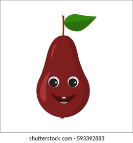 Pear character. Funny doodle cartoon fruit. Isolated on white background. Flat vector stock illustration