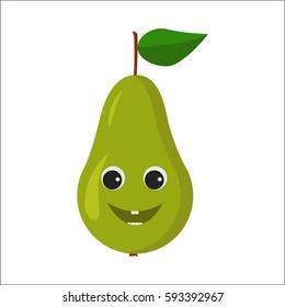 Pear character. Funny doodle cartoon fruit. Isolated on white background. Flat vector stock illustration