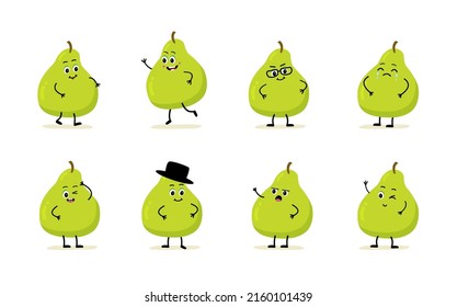 pear character with funny face. Happy cute cartoon  emoji set. Cute and funny comic style. Flat cartoon. pear vector illustration isolated on white background. 