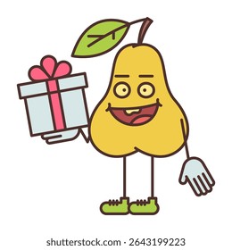 Pear character half turn holding gift box and smiling. Vector Illustration