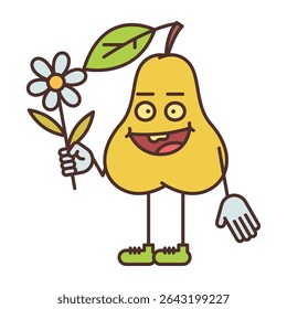 Pear character half turn holding flower and smiling. Vector Illustration