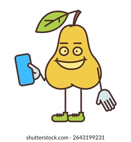 Pear character half turn holding smartphone and smiling. Vector Illustration