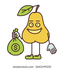 Pear character half turn holding bag with money and smiling. Vector Illustration