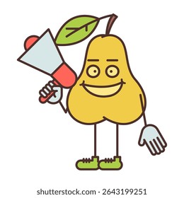 Pear character half turn holding megaphone and smiling. Vector Illustration