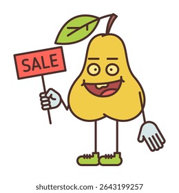 Pear character half turn holding sign with inscription sale and smiling. Vector Illustration