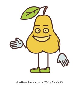 Pear character half turn points hand and smiling. Vector Illustration