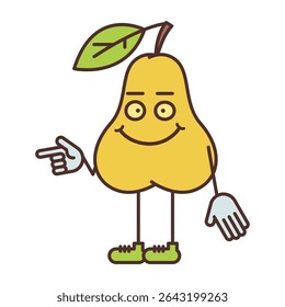 Pear character half turn points finger and smiling. Vector Illustration