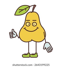 Pear character half turn shows thumbs up and smiling. Vector Illustration