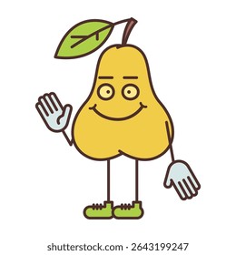 Pear character half turn waves his hand and smiling. Vector Illustration