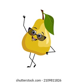 Pear character with happy emotion with glasses, joyful face, smile eyes, arms and legs. Person with expression, fruit emoticon. Vector flat illustration