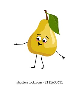 Pear character with happy emotion, joyful face, smile eyes, arms and legs. Person with expression, fruit emoticon. Vector flat illustration