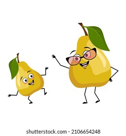 Pear character with happy emotions, face, smile, eyes, arms and legs. Person with expression, fruit emoticon. Grandmother with glasses and grandson dancing. Vector flat illustration