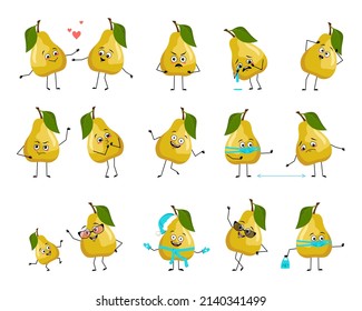 Pear character with happy or sad emotions, panic, loving or brave face, hands and legs. Cheerful fruit, exotic person with mask, glasses or hat. Vector flat illustration 