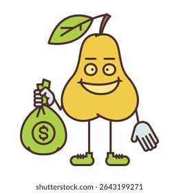 Pear character holding bag with money and smiling. Vector Illustration