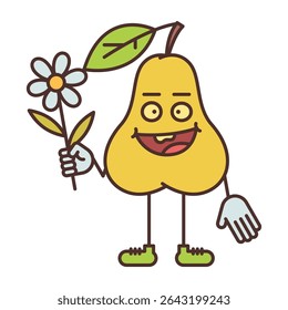 Pear character holding flower and smiling. Vector Illustration