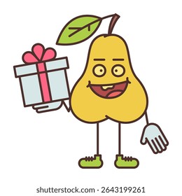 Pear character holding gift box and smiling. Vector Illustration
