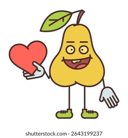 Pear character holding heart and smiling. Vector Illustration