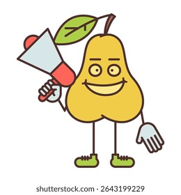 Pear character holding megaphone and smiling. Vector Illustration