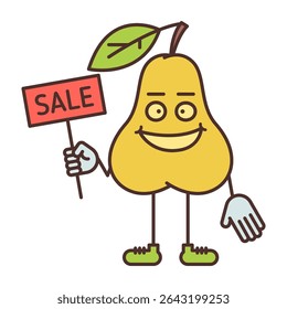 Pear character holding sign with inscription sale and smiling. Vector Illustration