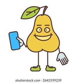 Pear character holding smartphone and smiling. Vector Illustration