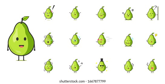 Pear character icon set. Isolated on white background