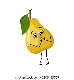 Pear character with love emotions, smile face, arms and legs. Person with happy expression, fruit emoticon. Vector flat illustration