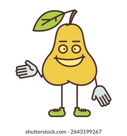 Pear character points hand and smiling. Vector Illustration