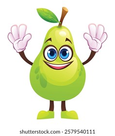 Pear character raising hands, full of excitement. Vector cartoon illustration